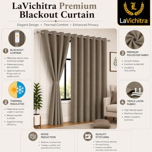 Image of LaVichitra 2 Pieces Solid Premium Blackout Curtains - Thermal Insulated, 3 Layered, 100% Opaque Window - 4 feet, Hazel Wood