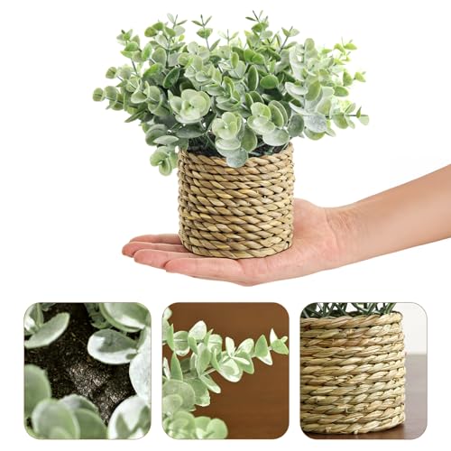 Small Fake Potted Plants: 7 Inches Artificial Plants with Seagrass Handwoven Planters, Indoor Farmhouse Spring Decorations, Eucalyptus Plant for Home Bathroom Office Shelf Tabletop Desk Room Decor - Image 4