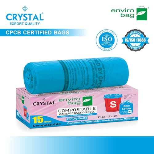 Image of Crystal 100% Compostable Garbage Bags | Small (S) | 45 Counts | 15 Bags X 3 Packs | 17 x 19 Inches | Strong and Durable | For Dry and Wet Waste, Blue