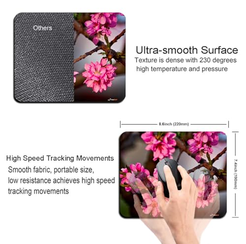 Image of Mouse Pad Pink Blossoms, Premium-Textured Custom Mouse Mat Design, Washable Mousepad Lycra Cloth, Non-Slip Rubber Base Computer Mouse Pads for Wireless Mouse