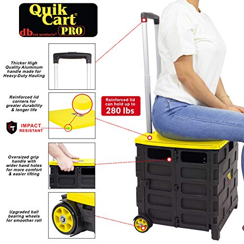 Image of dbest products Quik Cart Pro Wheeled Rolling Crate Teacher Utility with seat Heavy Duty Collapsible Basket with Handle, Yellow