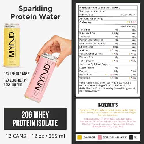 Image of MYND Sparkling Protein Water, Clear Protein Drink - 20g Whey Protein Isolate Per Can, 24 Pack - Lactose Free, Gluten Free, No Added Sugar - Ready-to-Drink Carbonated Protein Drinks - Variety Pack