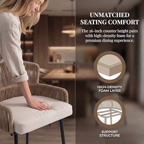 Image of HNY Farmhouse Woven Bar Stools Set of 4, 26 Inch Linen Upholstered Rattan Barstools with Curved Backs, Modern Cane Counter Height Bar Chairs with Metal Legs and Armrest for Kitchen Island, Beige