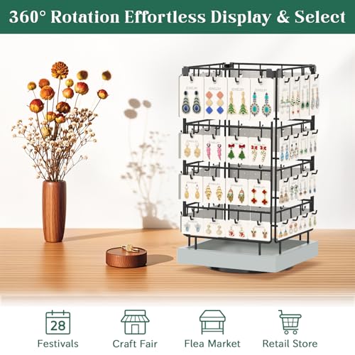 Image of EsLuker.ly Rotating Earring Display Holder Stand for Vendors Events Selling, Large Capacity 64 Hooks Jewelry Rack with Wooden Base for Earring Card Sales, Enhances Retail Visibility (Light Grey)