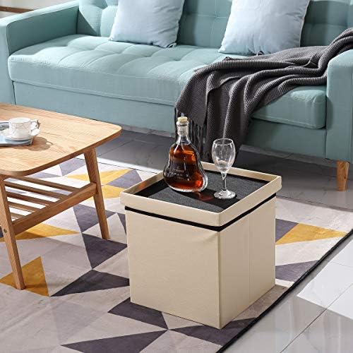 BRIAN & DANY Folding Storage Ottoman, Faux Leather Cube Foot Rest Stool with Cover, Storage Chest with Highly Elastic Sponge Filling, Beige, 38 x 38 x 38 cm