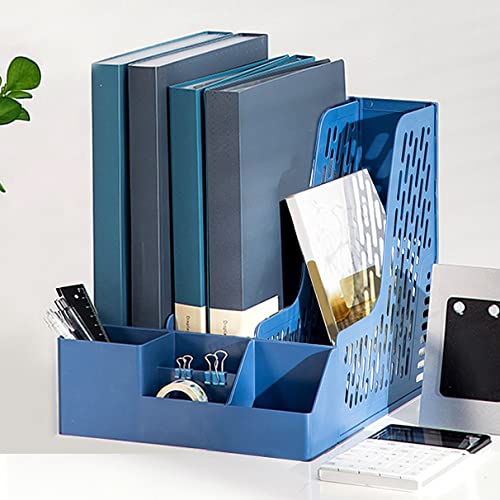 Image of wolpin File Organiser 3 Section Foldable Files Rack & 4 Compartments Stationey Holder Desk Organizer Paper Document Sorter Tray /Organizer Stand, ABS Plastic (25.5 x 32 x 27.5 cm), Blue