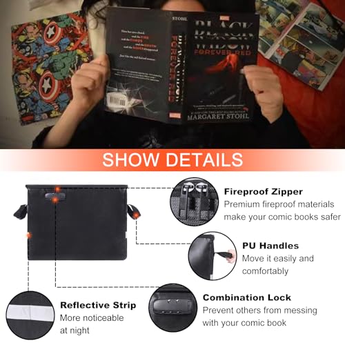 Fireproof Comic Book Storage Box 16" X 7.7" X 11.4",Fireproof & Water-Resistant Comic Document Box with Zipper & Lock & Reflective Strip - Image 3