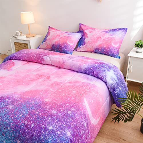 A Nice Night Galaxy Bedding Sets Outer Space Comforter 3D Printed Space Quilt Set Full Size Glitter Pink Color,For Children Boy Girl Teen Kids #TOP2