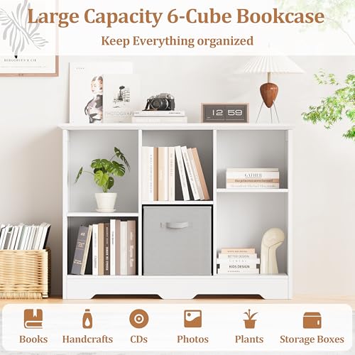 Image of 6 Cube Storage Organizer Shelf, Wood Cubby Storage with 3 Fabric Drawers, 2 Tier Wooden Bookshelf with 2 Adjustable Shelves & Fluted Side Panels for Bedroom, Living Room, Home Office, White