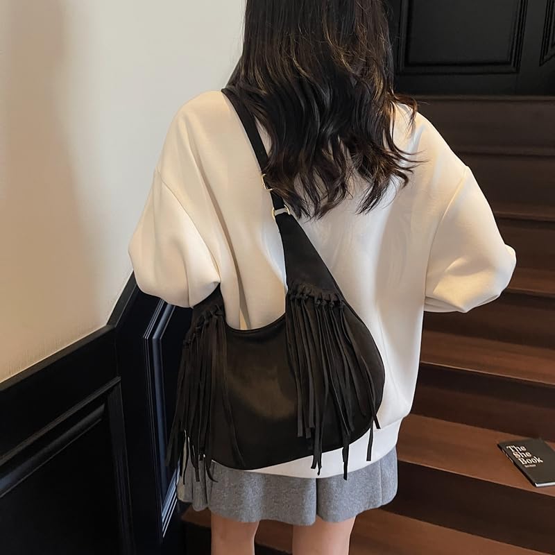 Women Faux Suede Tassel Tote Shoulder Bag Large Capacity Shoulder Purse Adjustable Strap for Work Travel for Travel2