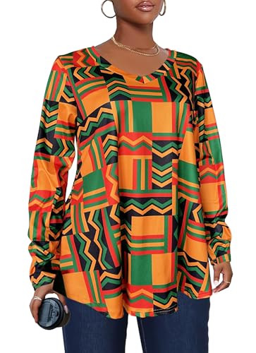 Afibi Dressy Shirts for Women African Dashiki Long Sleeve V Neck Loose Tunic Tops