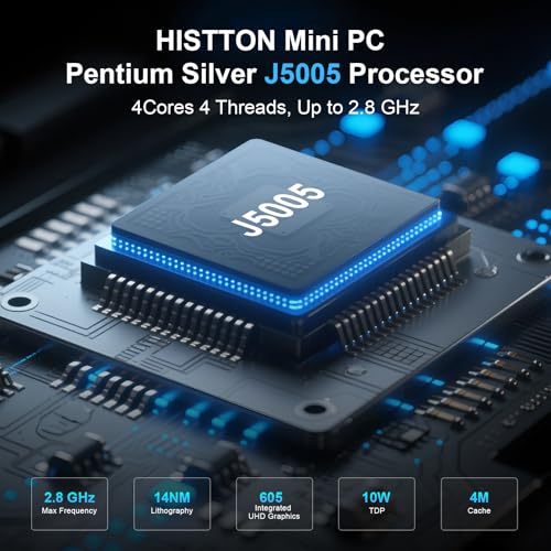 Image of HISTTON Fanness Mini PC J5005,Industrial PC Supp.Win 11 Pro,DDR4 4GB RAM 64GB SSD,Dual 1GbE LAN,WiFi 5, BT4.2, 2 RS232 COM,HD /VGA, USB3.0,Mini Desktop Computer