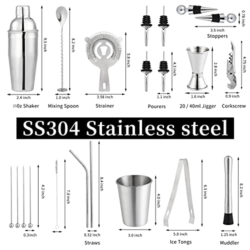 Cocktail Shaker Set, 20 Piece Stainless Steel Bartender Kit 25 Oz Shaker Tins With Bamboo Stand, Recipe Book, For Drink Mixing, Home, Bar, Parties #TOP2