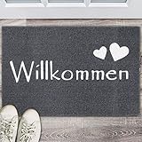 Willkommen Fußmatte 40 x 60 cm, rutschfeste Fußmatte Polyester für den Innen- und Außenbereich, Schmutzfängermatte, Einfarbig, rutschfest, Pflegeleicht für die Haustür, Dunkelgrau