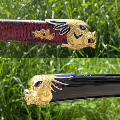 3Pcs Samurai Sword Set with Display Stand,Full Tang Katana Dragon Tsuba High Carbon Steel Sword