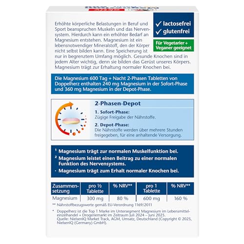 Doppelherz Magnesium 600 Tag und Nacht 2-Phasen-DEPOT - Magnesium trägt zur normalen Muskelfunktion bei - Hochdosiert - 30 DEPOT-Tabletten – Bild 3