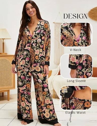 Image of Yimoon Satin Pajama Set for Women Silk Pajamas Set 2 Piece Floral Cute Pj Set Long Sleeve Pjs Sleepwear