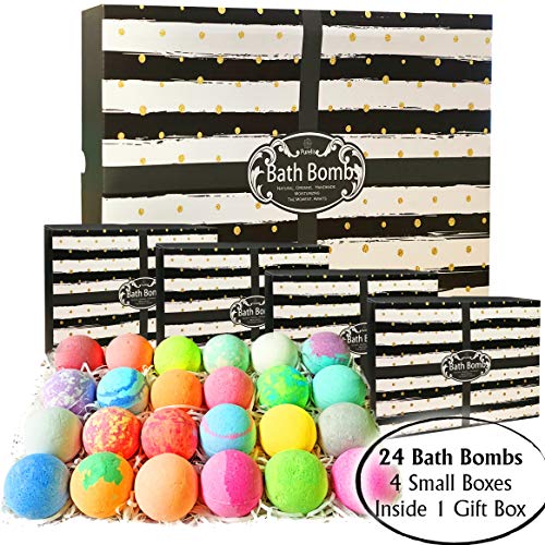 Bulk Bath Bombs Gift Set by Purelis. 24 Pc Large Bath Balls wrapped in 4 Gift Boxes. Relaxation, Moisturizing & Natural Bathbomb Gift Box Infused with Essential Oils