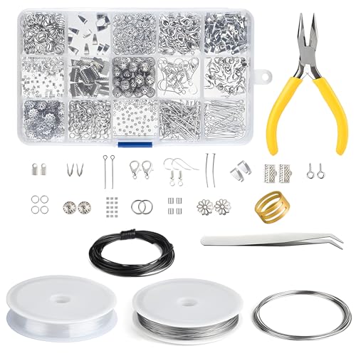 Lumivra Jewelry Making Kit with Jewelry Making kit Box(15 Types 1070PCS) 4 PCS Beading Wires 1PCS Brass Ring Tweezerand and Pliers