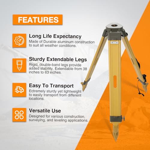 Fiberglass Surveying Tripod, Heavy Duty Yellow Fiberglass and Wood Tripod with Twist Clamp and Copper Center Screw for Robotic Total Stations and Theodolite (Flat Head-C)