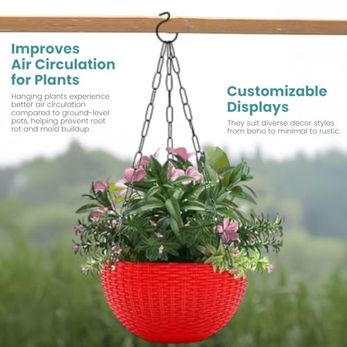 Image of Go Hooked Pots | Plastic | Hanging Pot | Red | Pot Diameter- 7.1 Inch | Pot Height-4.8 Inch | Pot Thickness-3 mm | Chain Length-13 inch Approx. | 6 Pieces