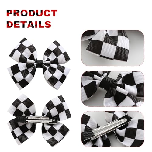 JiaDuo 4PC Racing Black and White Checkered Flag Hair Bow Clips for Girls