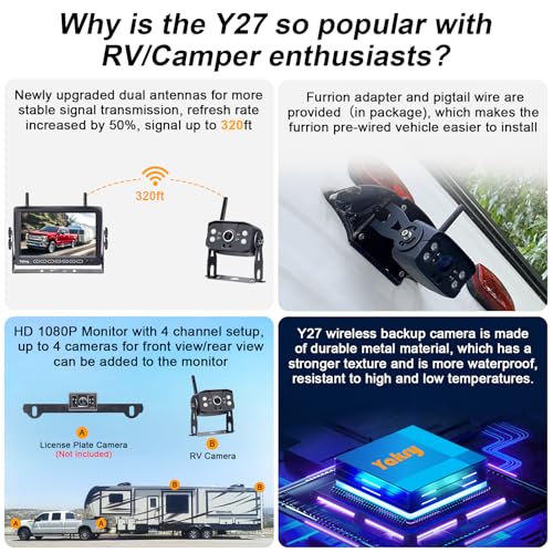 RV Backup Camera Wireless Plug and Play: Pre-Wired for Furrion System Recording Wide View Rear View Camera Clear Night Vision HD 1080P 7'' Touch Key Monitor for Trailer Camper Motorhome Yakry Y27-N