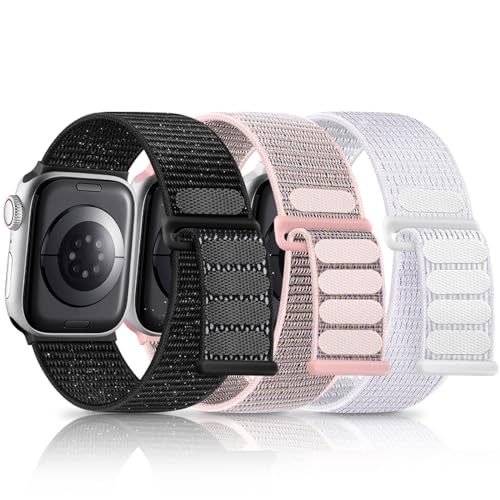 Sport Loop Bands Compatible with Apple Watch 44mm 42mm 46mm 45mm 49mm 38mm 40mm 41mm Band, Woven Nylon Strap iwatch Ultra Series 11 10 9 8 7 6 5 4 3 2 1 SE Women Men, Reflective Black/White/Pink Sand