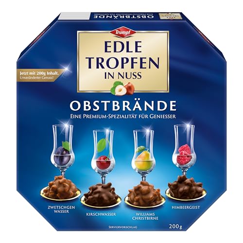 Edle Tropfen in Nuss Obstbrände 200g flüssig gefüllte Schokoladenpralinen mit Milchschokoladen-Überzug und knackigen Haselnuss-Splittern