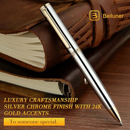 Image of BEILUNER Silver Gold Gel Pen - Luxury Featuring sophisticated chrome finishes, with 24K Gold Accents, Best Pen Gift Set for Men & Women, Business Signature, Executive, Office Retractable Pens