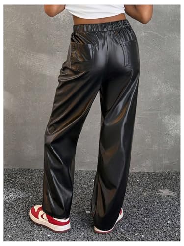 MakeMeChic Girl's PU Leather Straight Leg Pants High Waisted Zip Fly Y2K Trousers Streetwear3