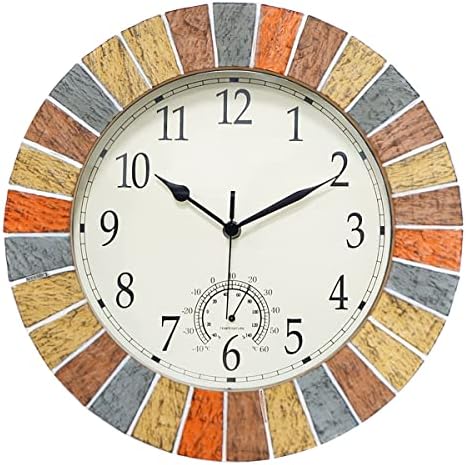 UMEXUS Indoor Outdoor Clock and Thermometer, 13 Inch Large Waterproof Wall Clocks, Retro Silent Non-Ticking Battery Operated Weatherproof Clock for Patio, Pool, Lanai, Fence, Porch, Garden (Yellow)
