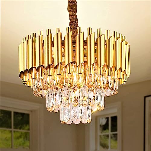 Image of Modern Ceiling Lamp 3-Tier Round Crystal Chandelier for Living Room | Modern Ceiling Light Jhumar for Hall for Home Decoration + 3 Color LED Light (Full Gold, 400MM)