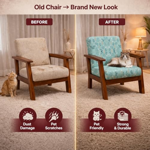 Image of STITCHNEST 'Contour Fit Series' Stretchable Printed Wooden Sofa Cover (Pack of 2) - Elastic Wooden Chair Cover | Wooden Sofa Seat Cover | Size - 20-21 x 20-21 x 3-5 in