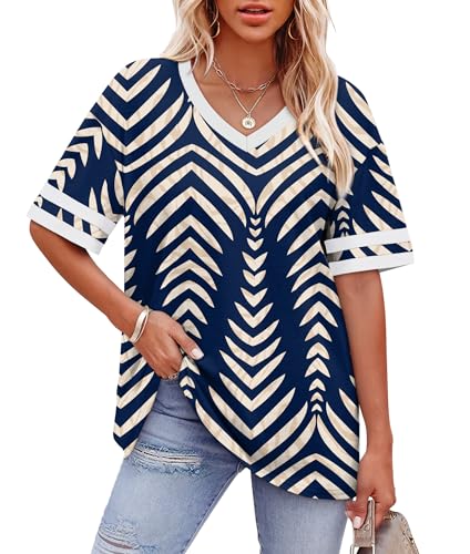 Image of WIHOLL Womens T Shirts Loose Fit Short Sleeve Tees V Neck Color Block Summer Tops 2026 Fashion S-4XL