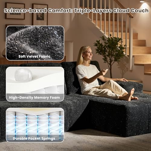 Image of 114 inch Glitter Cloud Sectional Couch with L-Shape Chaise, Modern Boneless Couches for Living Room, Fluffy Tufted Deep Seat Modular Sofa in a Box No Assembly