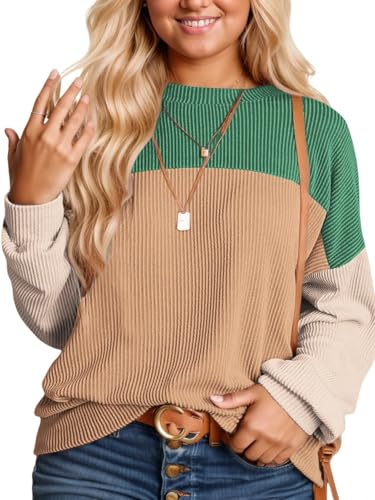 Image of Plus Size Tops for Women Fall Casual Striped Ribbed Shirts Loose Fit Long Sleeve Tunic Green Orange XL