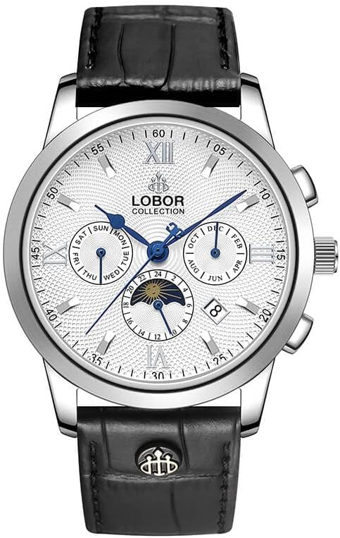 LOBOR Reloj automático para hombre de 1.654in con esfera lunar mes, semana, fecha y fase lunar de 24 horas, reloj de cuero de acero inoxidable