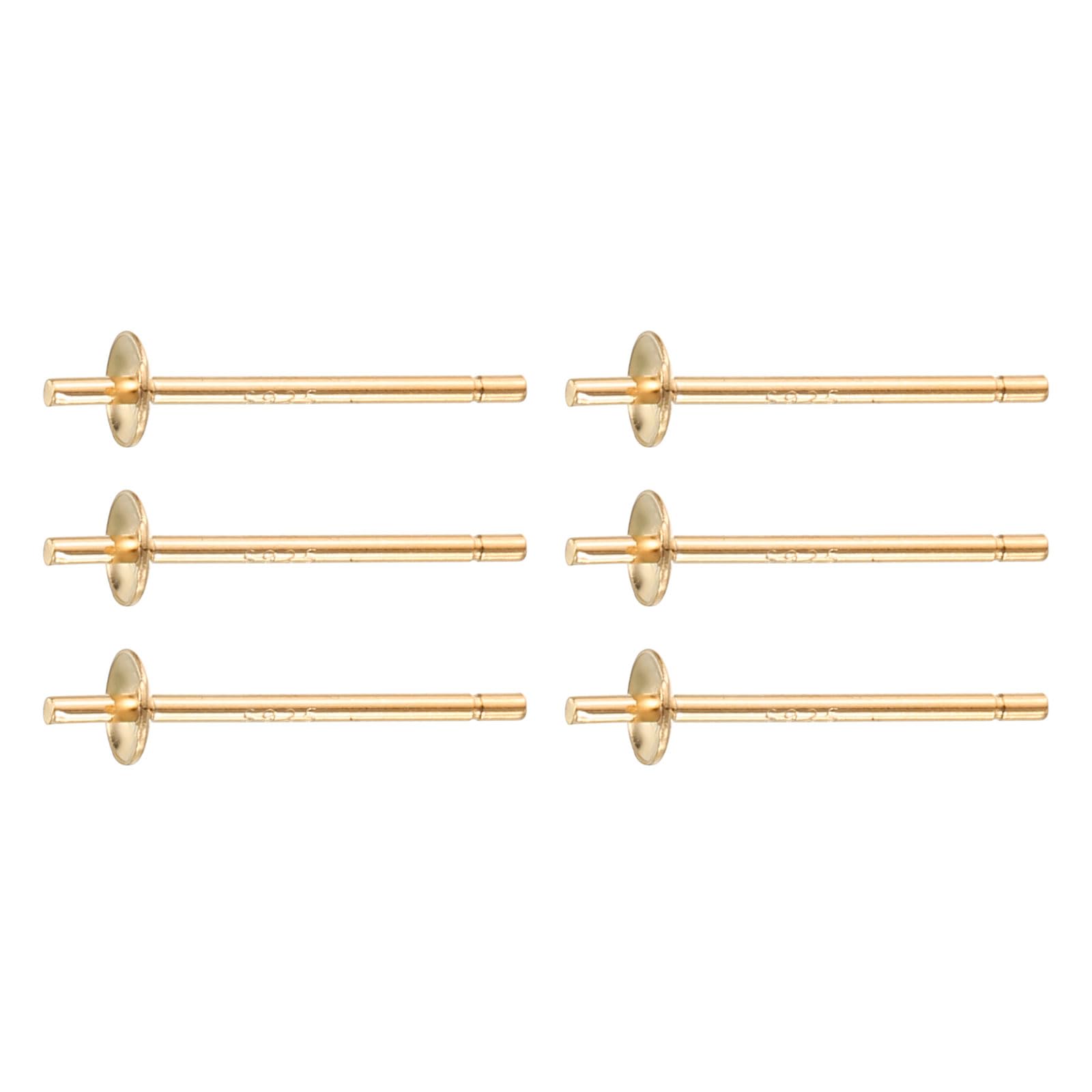 sourcing map 3 Set 925 Sterling Silver Earring Posts, Pearl Cup Pad Earring Stud Blanks for DIY Earrings Jewelry Making Findings, Champagne Gold Plated, 3mm/0.12" Cup Size