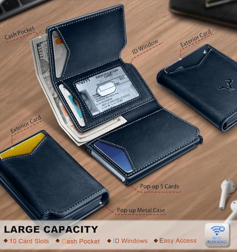 Image of VOGARD RFID Blocking Pop-Up Wallet for Men | Slim Leather Bifold Wallet with Metal Card Holder, Magnetic Flip, ID Window & Cash Pocket | Holds 10 Cards Blue