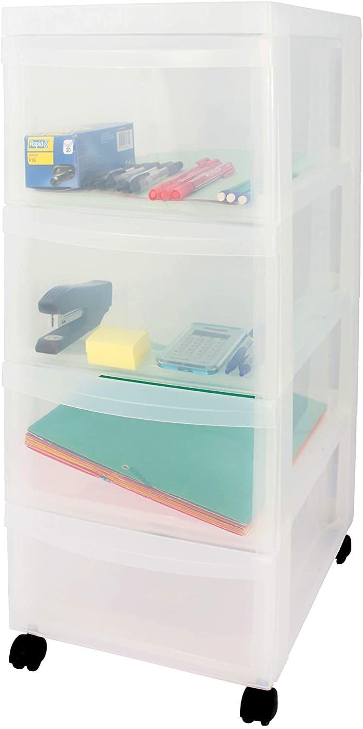 Iris Ohyama Cassettiera in Plastica con ruote, 4 Cassetti Piccoli, Biancastro, Maniglie facili da tirare, Organizzatore, Per Camera Da Letto, Bagno, Scuola e Ufficio, Senza BPA, Contenitore, DC-004