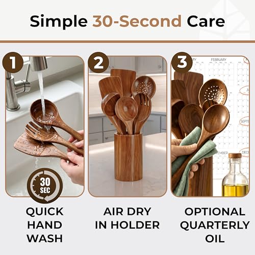 Image of Wooden Utensil Set 8 Pcs - Sturdy & Easy to Clean, Natural Teak Wooden Spoons for Cooking - Non-Scratch Cooking Utensils with Spatula, Turner, Ladle, Spoons, Skimmer, Holder, Spoon Rest & 6 Hooks