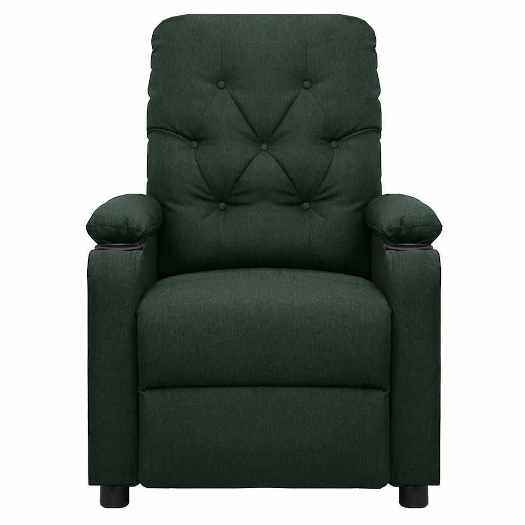 Poltrona relax elettrica in tessuto verde scuro con funzione reclinabile, schienale e poggiapiedi regolabili, design moderno, struttura in legno e metallo resistente, ideale per soggiorno