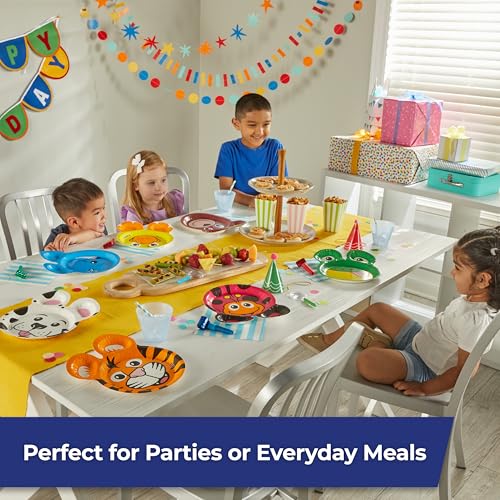 Image of Hefty Zoo Pals Party Editon 7.75 Inch Paper Plates with Two Dipping Compartments and 10 Fl. Oz. Plastic Cups for Parties or Everyday Use (20 plates, 25 cups)