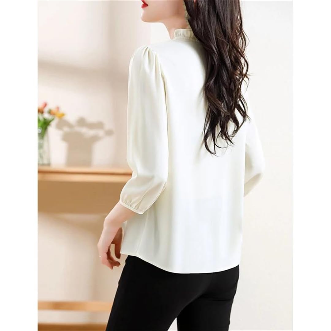 Yeuyyben Camicetta estiva da donna in pizzo patchwork con maniche a 3/4 increspature elegante tinta unita casual top