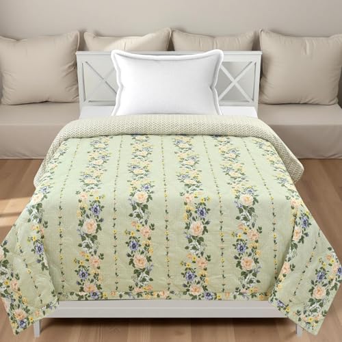 Image of IVAZA Luxury Ultrasonic Punch AC Comforter Blanket - Quilted Microfiber Floral Pattern, Lightweight Breathable All‑Season Blanket for Bedroom, Travel (Singled Bed,228x152 CM) (Light Pastel Green)