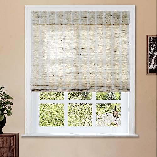 Image of TWOPAGES Natural Custom Made No Drill Roman Shade Ramie Cordless Roman Blind Light Filtering Blackout Roman Window Shade for Windows, 1 Piece, Shell