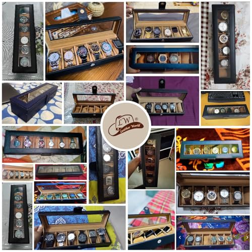 Image of Leather World Faux Leather Watch Box Organizer For Men & Women - Wrist Watch Box Holder 4 Slots - Removable Pillows Display Case - Gift for Loved Ones - Blue