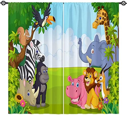 ANHOPE Animal Curtains - Kids Cartoon Zoo Theme Window Drapes Jungle Safari Wildlife Elephant Giraffe Lion Print Pattern Rod Pocket Curtains for Boys Girls Bedroom Living Room 2 Panels 42 x 63 Inch