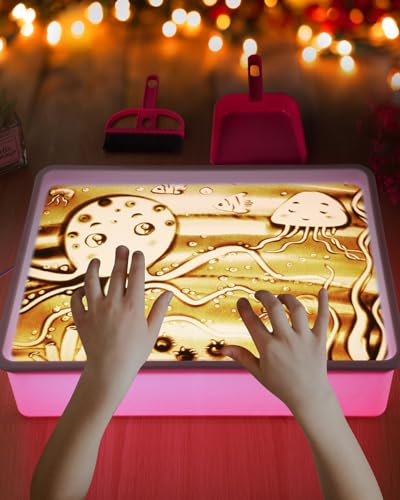 AtMini - Scatola luminosa per pittura a sabbia, con 4 confezioni di sabbia naturale, set con vassoio per la sabbia, per bambini a partire dai 3 anni in su (rosa)